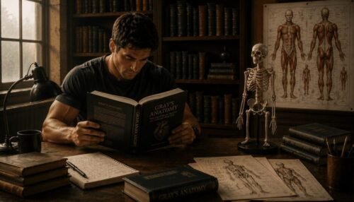 Athlete studying an anatomy textbook with a skeleton model and muscle chart in a traditional library.
