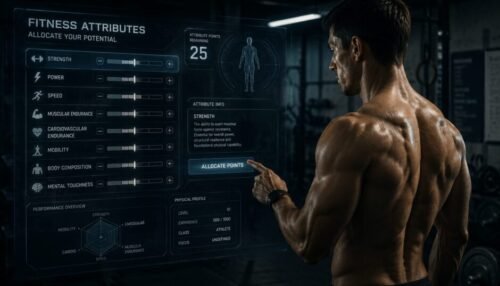 Athlete viewed through a futuristic performance interface displaying key fitness attributes such as strength, power, speed, endurance, and mobility.