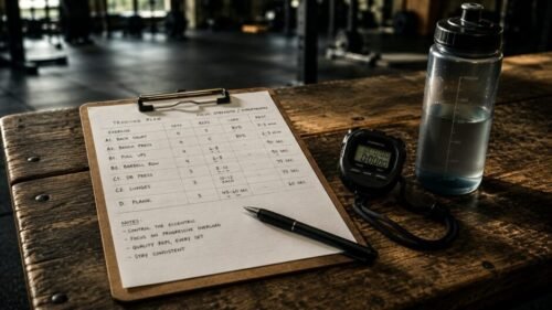 Clipboard displaying a planned workout beside a stopwatch and water bottle on a gym bench.