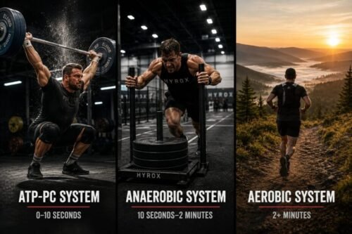 Three-panel illustration showing explosive lifting, high-intensity conditioning, and endurance running to represent the body's energy systems.