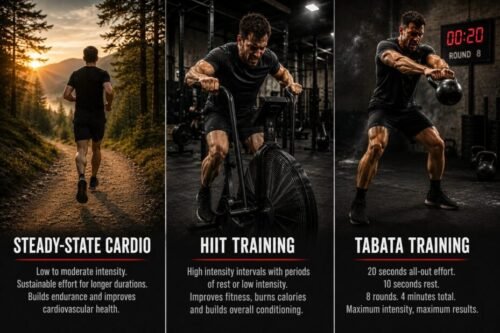 Three-panel comparison of steady-state cardio, HIIT training, and Tabata training.