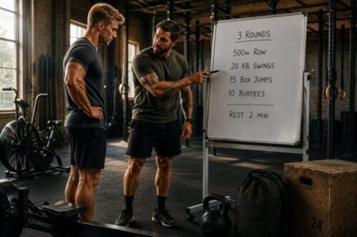 Personal trainer explaining a functional fitness workout to a beginner before training in a modern gym.