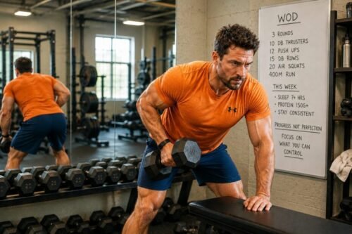Leaner, more confident man training in the gym before looking confidently into the mirror.
