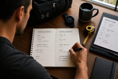 Man sitting in a gym writing his goals, performance markers and training plan in a notebook.