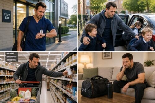 Four-panel montage of work, school run, shopping and finally relaxing at home while looking at a gym bag.
