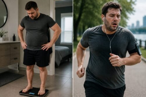 Man looking at his reflection in a gym mirror before beginning his fitness journey.