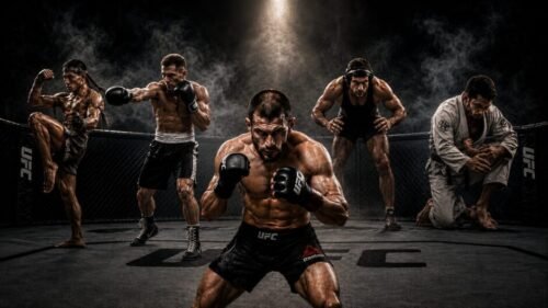 Mixed martial artist in stance with a boxer, Muay Thai fighter, wrestler and Brazilian Jiu-Jitsu grappler behind him.