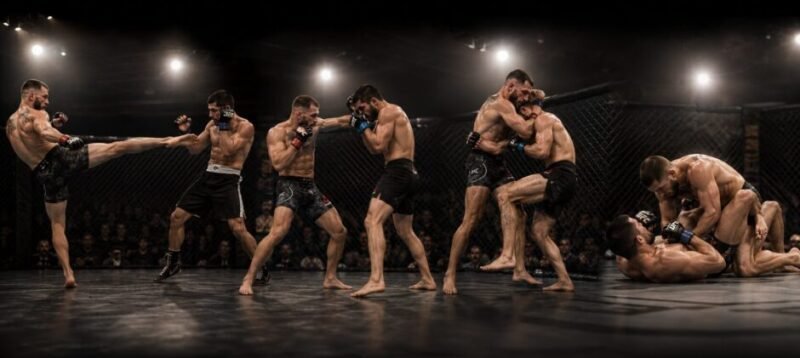 Four ranges of an MMA fight showing long range, the pocket, the clinch and ground fighting.