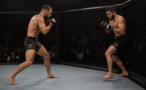 MMA fighter cutting off the cage to limit an opponent’s movement and control distance and position.