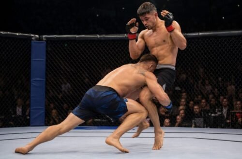 MMA fighter drives forwards into a double-leg takedown while the opponent raises their guard.