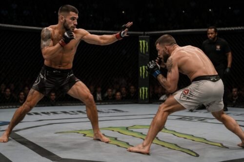 MMA fighter using a feint to draw an opponent's reaction before creating an opening for the real attack.