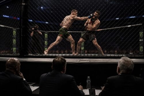 Three cageside judges watch through the fence as one MMA fighter lands a clean punch inside the elevated cage.