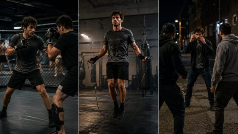 The same man shown light sparring, skipping for fitness and adopting a defensive stance against two street aggressors.
