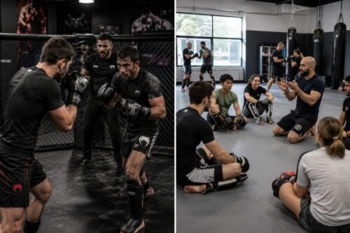Split image contrasting an intense competitive MMA gym with a relaxed, beginner-friendly class led by a coach.