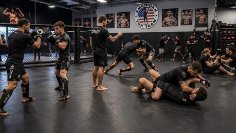 Organised MMA class with students practising striking, takedowns and ground fighting while coaches supervise.