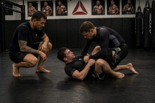 Coach observes two MMA students performing a controlled grappling drill on the mats.