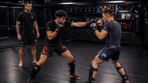Two MMA students wearing colourful protective equipment exchange light punches while a coach supervises.