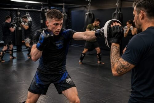MMA trainee in blue and black kit throws a straight punch into a coach’s focus mitt during a busy class.