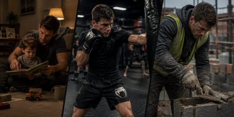 Triptych showing the same man spending time with his child, training MMA and working on a construction site.