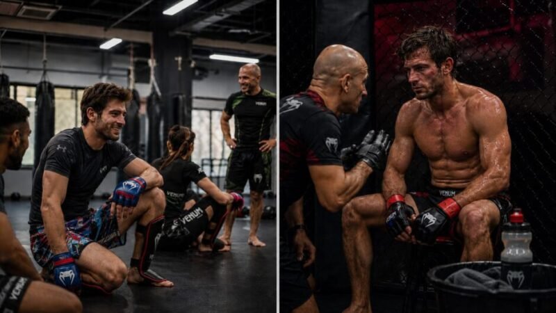 Split image showing the same man relaxed with recreational teammates and later bruised and exhausted during competitive training.