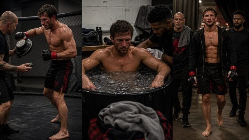 Triptych showing an amateur fighter during fight-camp training, recovering in an ice bath and walking towards the competition area with his team.