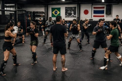 Mixed group of men and women from different backgrounds and body types practising MMA together under a coach.