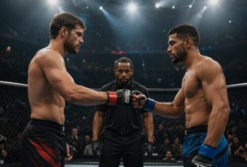 Two MMA fighters touch gloves beneath bright arena lights as the referee stands between them inside a crowded cage.