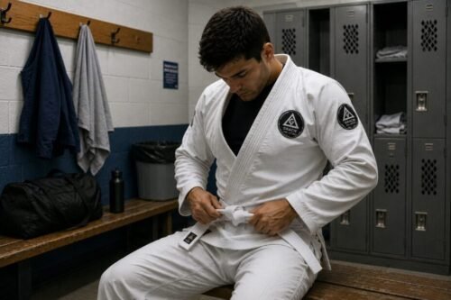 White belt Brazilian Jiu-Jitsu practitioner preparing for class in a gym changing room, tying his belt beside lockers and training gear.