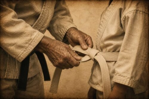 Close-up of an experienced black belt tying the white belt of a young Brazilian Jiu-Jitsu student.