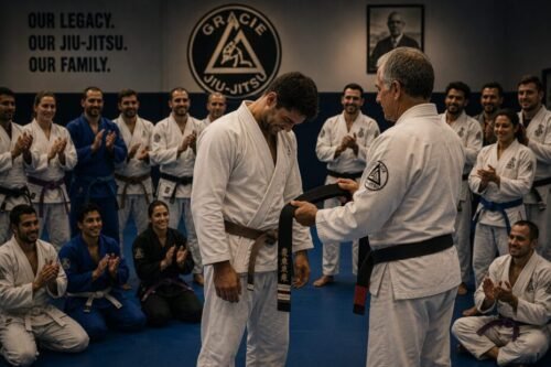 Brazilian Jiu-Jitsu instructor presenting a black belt to a humbled brown belt student as fellow practitioners applaud during a belt promotion ceremony.