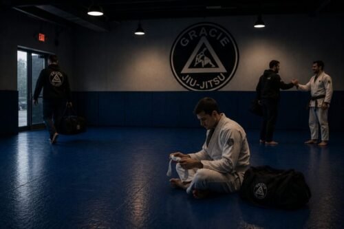 Brazilian Jiu-Jitsu student sitting quietly on the mats after class, reflecting while holding a white belt as other practitioners leave the academy.