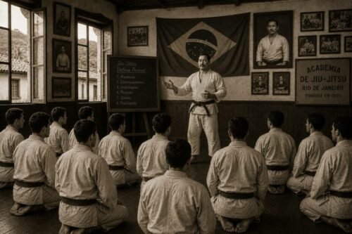 Black-and-white photograph of Mitsuyo Maeda demonstrating judo techniques to students in Brazil during the early twentieth century.