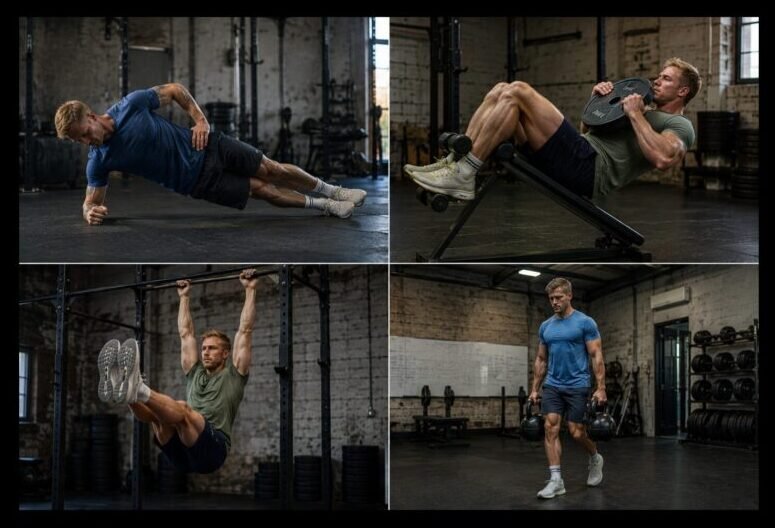 Core training, abdominal strength, stability, and functional fitness exercises.