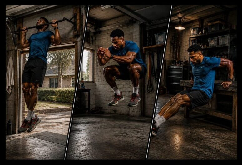 Home workouts, bodyweight circuits, callisthenics, push-ups and full-body exercises.