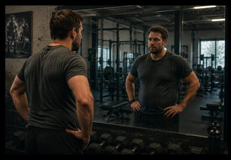 Slightly overweight former athlete looking at his reflection in a gym mirror as he assesses his fitness and the road ahead.