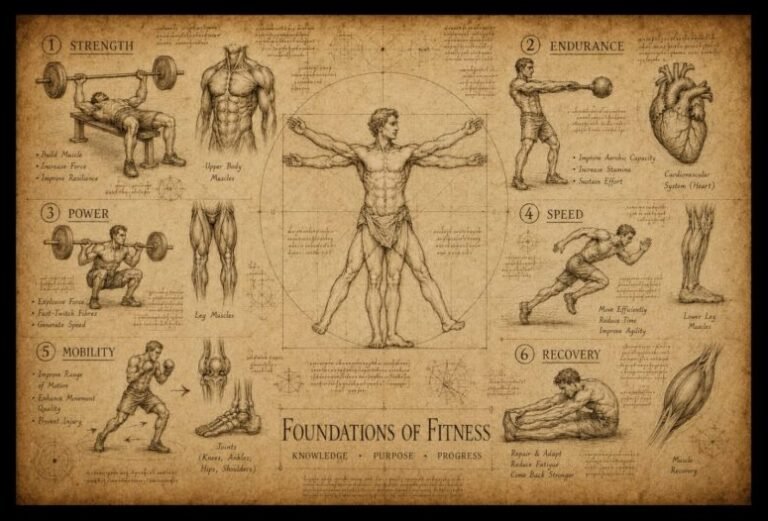 Vitruvian Man surrounded by fitness concepts, training principles, muscle actions, and exercise science illustrations.