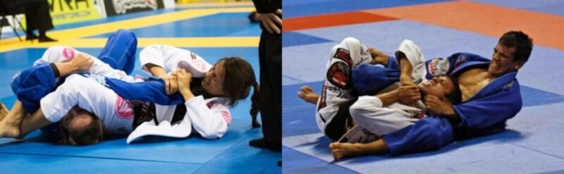 Brazilian Jiu-Jitsu practitioners applying an armbar and choke submission.