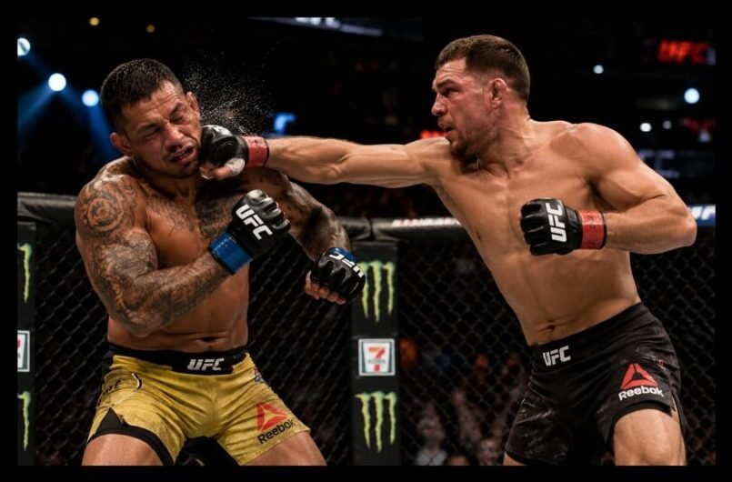 Two mixed martial artists compete inside an octagon cage during a professional MMA bout, showcasing striking, wrestling, and grappling under unified rules.