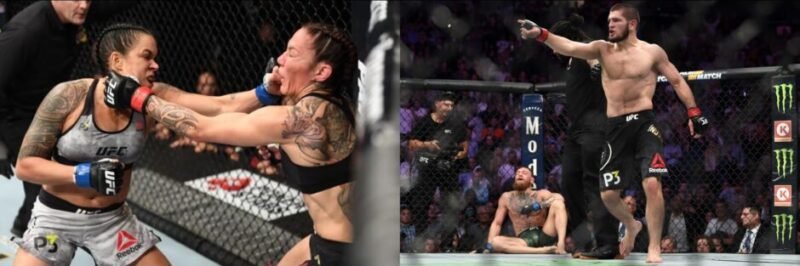 Khabib Nurmagomedov controls Conor McGregor on the ground while Amanda Nunes lands powerful strikes against Cris Cyborg during two iconic championship performances.