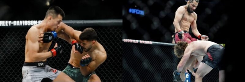 Yair Rodriguez lands his dramatic last-second upward elbow against Chan Sung Jung alongside Jorge Masvidal's flying knee knockout of Ben Askren seconds after the opening bell.