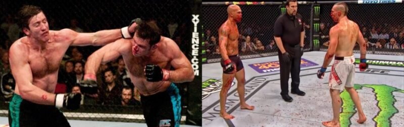 Forrest Griffin and Stephan Bonnar exchange heavy strikes alongside Robbie Lawler and Rory MacDonald battling during one of MMA's most celebrated championship fights.