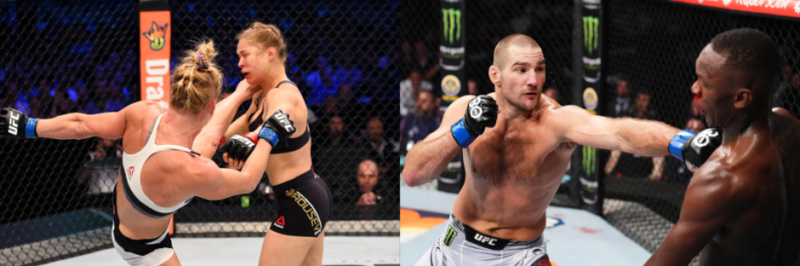 Holly Holm lands the decisive head kick against Ronda Rousey alongside Sean Strickland outstriking Israel Adesanya during one of the biggest championship upsets in MMA history.
