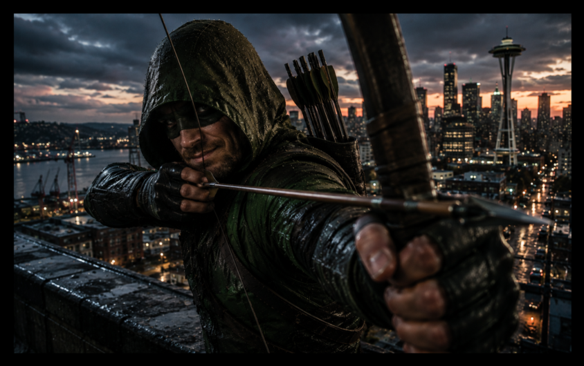 Green Arrow workout header featuring Oliver Queen aiming his bow in Seattle at night