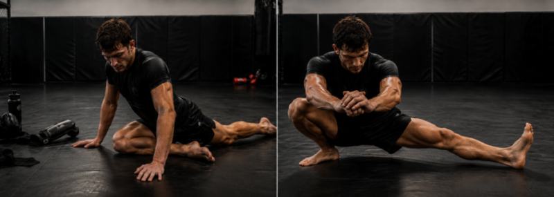 MMA trainee performs a pigeon stretch and cossack squat alone on the gym mat beside his gloves, shin guards and water bottle.
