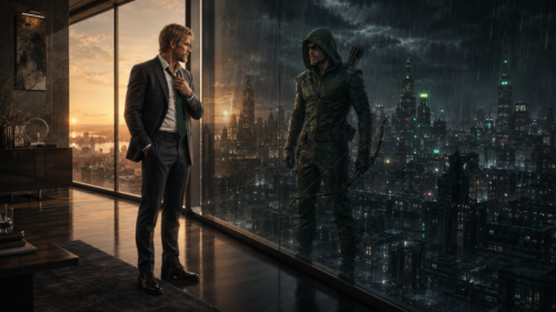 Oliver Queen looking over the city from a high-rise window as Green Arrow appears in his reflection