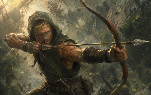 Oliver Queen hunting with a handmade bow while surviving on a remote island