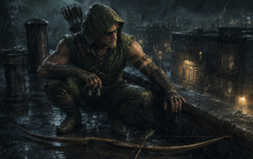 Oliver Queen as Green Arrow on a rainy Seattle rooftop in the evening