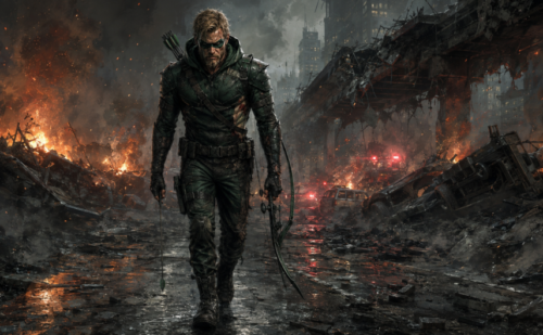A tired but determined Oliver Queen walking away from a burning battlezone