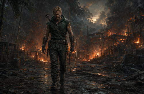 Oliver Queen walking away from a burning drug facility after surviving his ordeal on the island