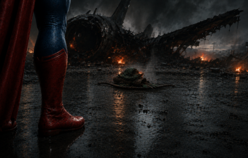 Superman standing beside burning plane wreckage with the remains of Green Arrow's costume in the foreground